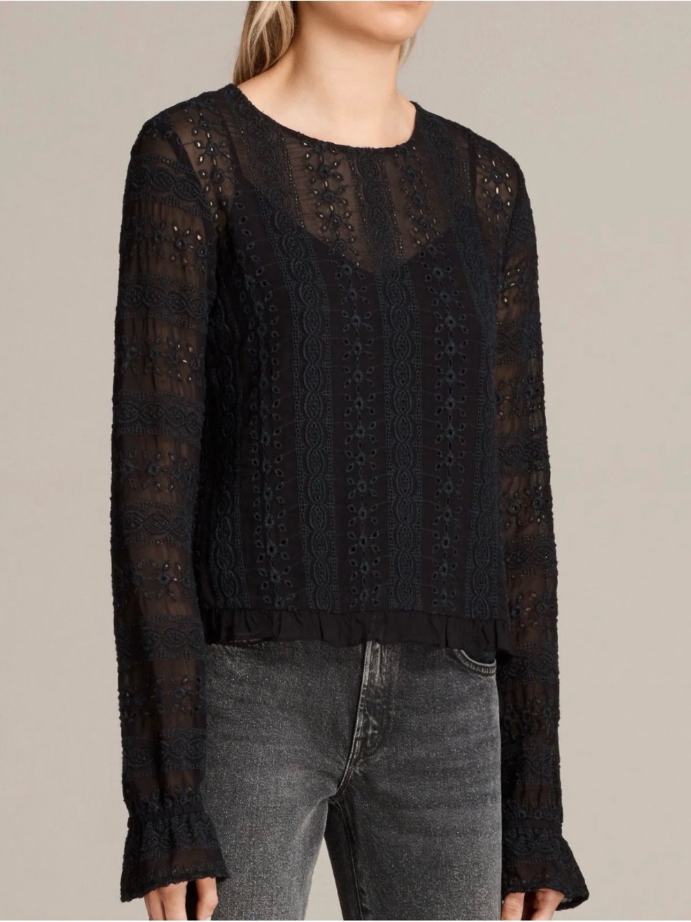 All Saints Black Lace Eyelet Long-Sleeve Top